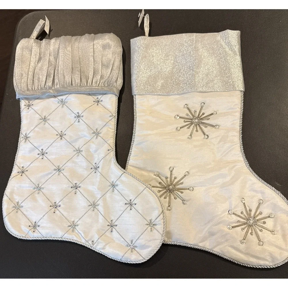 Embellished Silver White Snowflakes Holiday Christmas Stocking 17